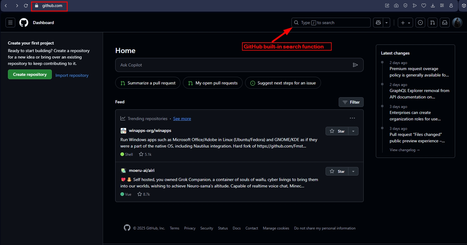 GitHub search built-in function