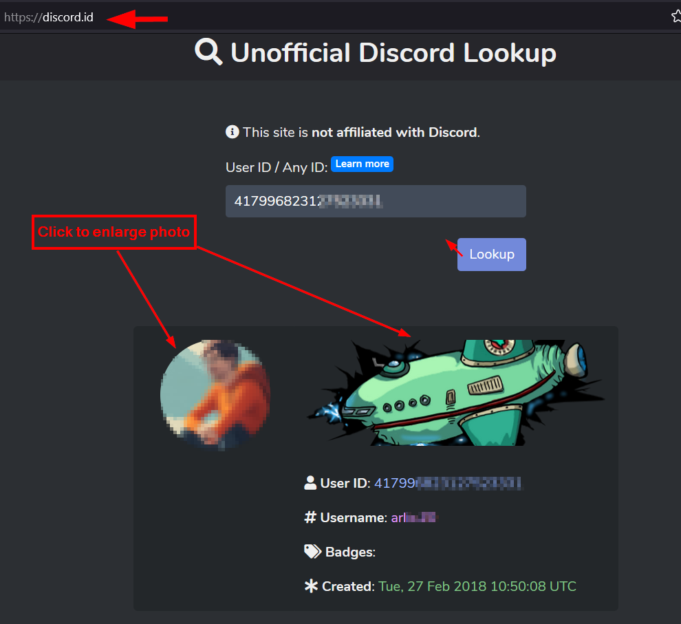 Discord.id unofficial Discord lookup with user profile information from the user profile in Figure 9