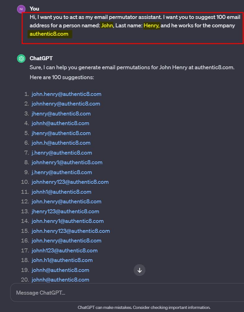 Using ChatGPT to guess email address of any person