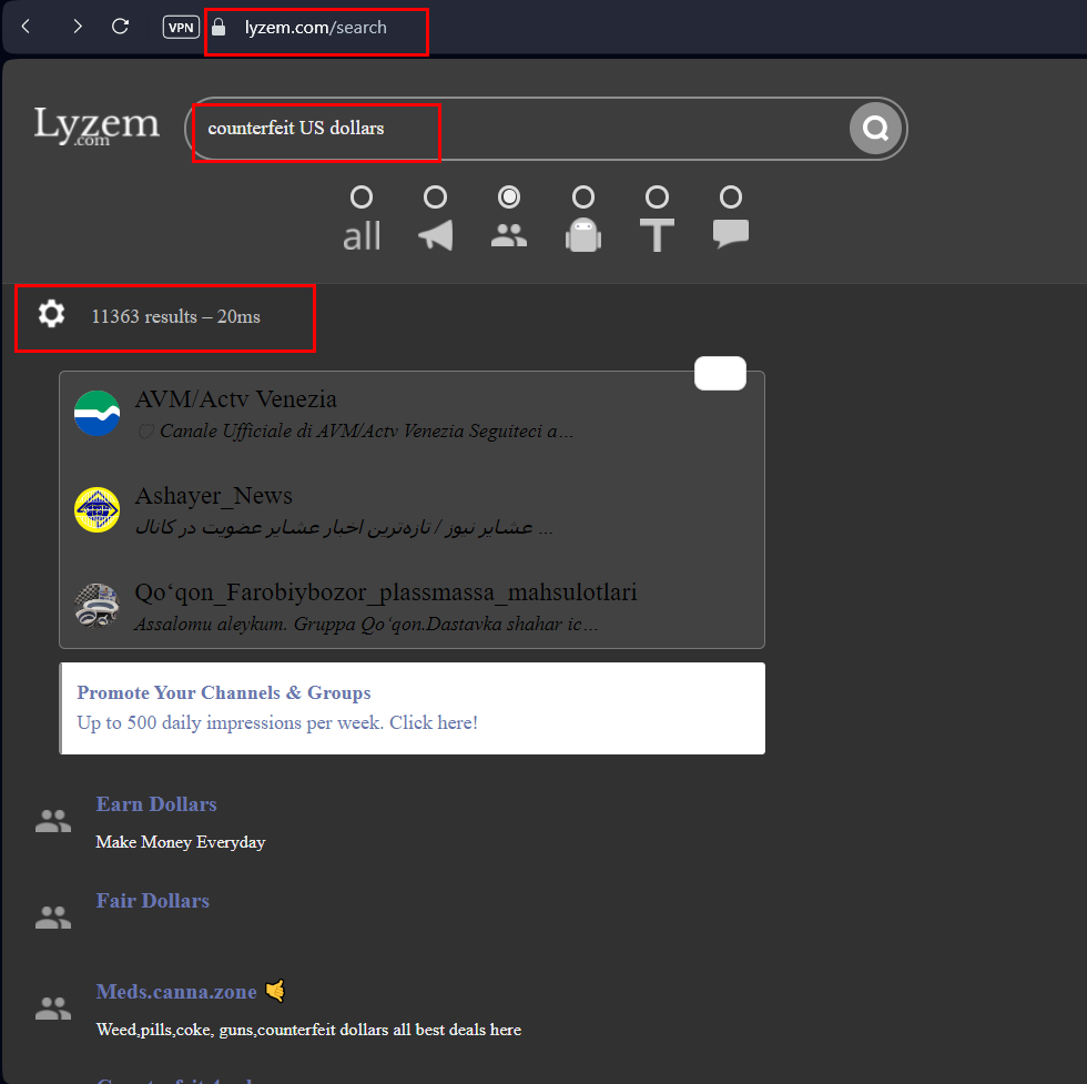 Screenshot of yzem search of Telegram channel contents