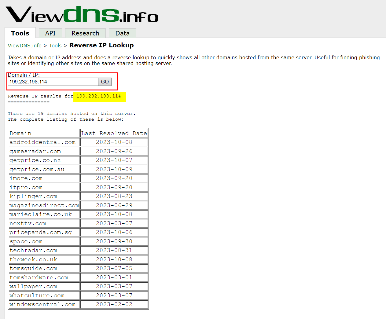 Figure 2 – Finding all domain names hosted on the same web server