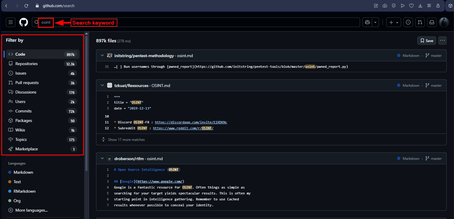 GitHub allows filtering returned results according to different filters