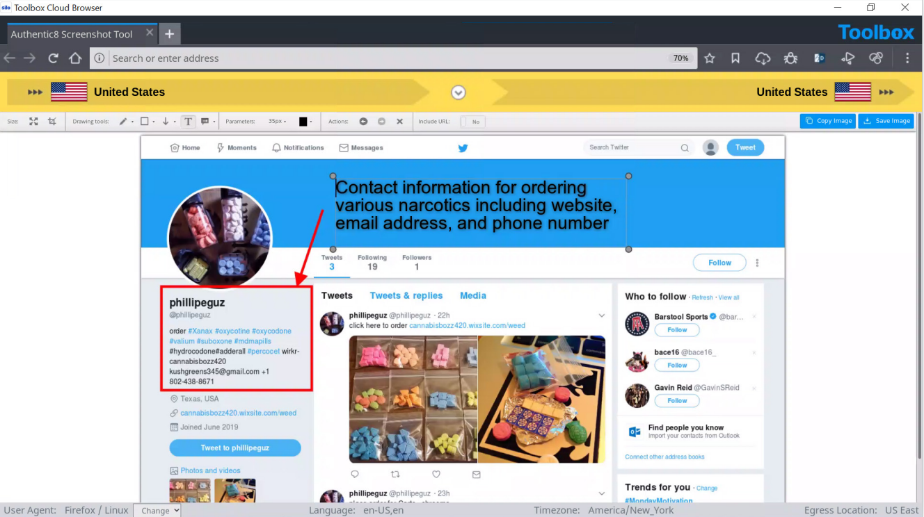 Silo for Research screenshot tool and annotation of a drug dealing Twitter profile