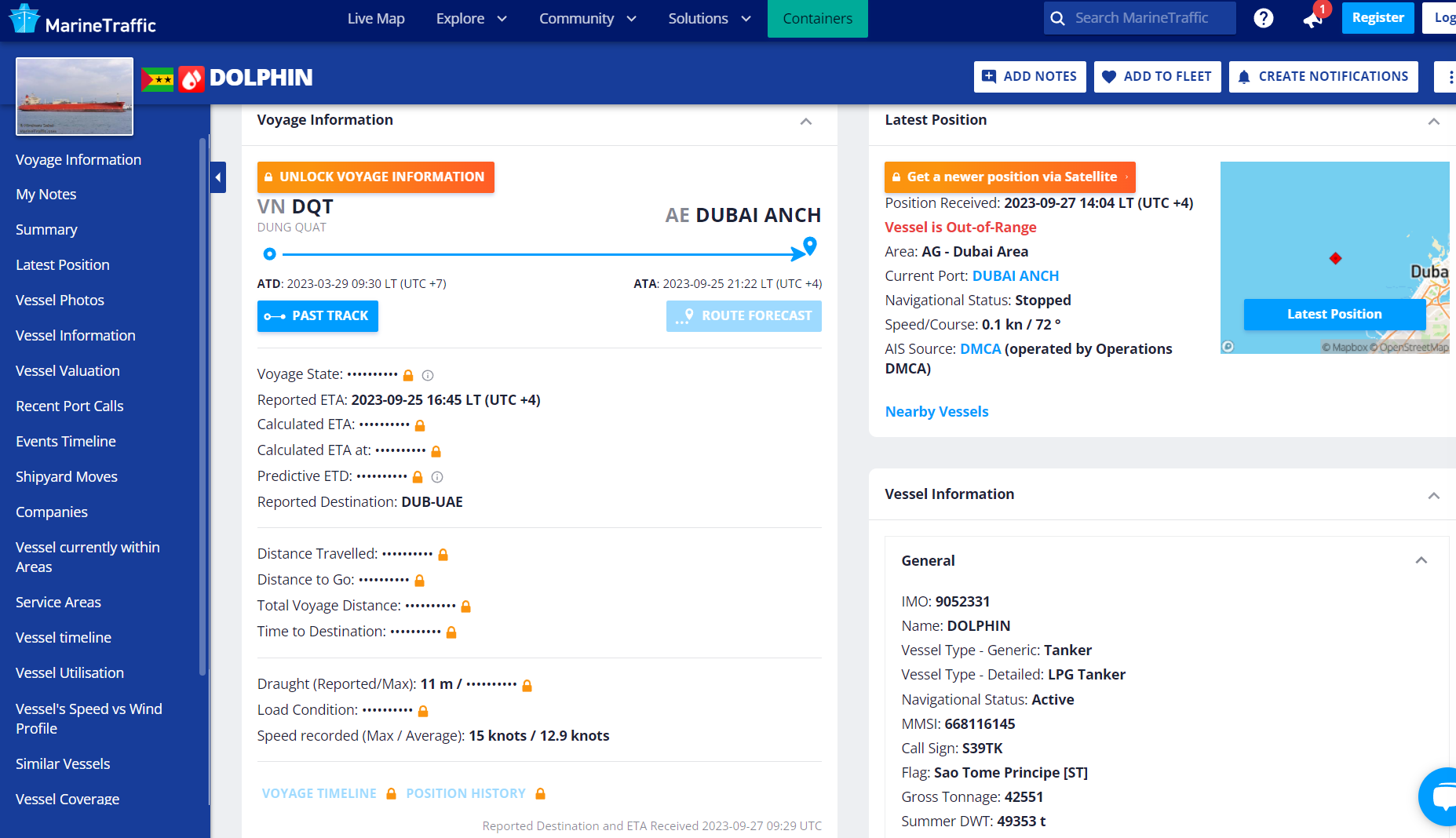 screenshot from MarineTraffic of vessel details