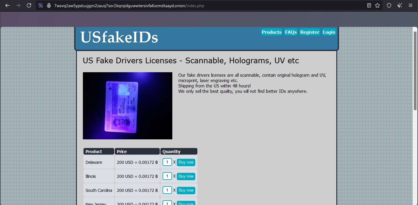 An onion website selling fake US driving licenses