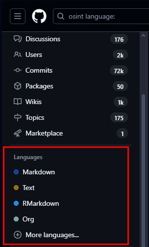 Filter GitHub search results according to programming language used to create the code snippets, repositories or issues