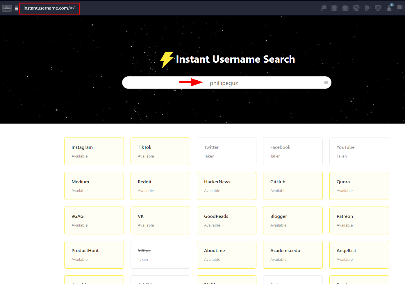 searching in the Instant Username Search