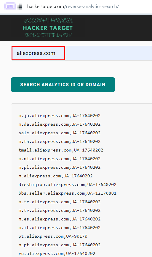 Figure 4 - Reverse Google Analytics is useful for finding all connected domain names 