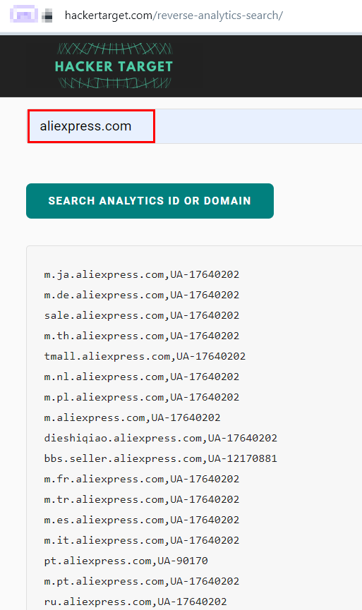 Figure 4 - Reverse Google Analytics is useful for finding all connected domain names