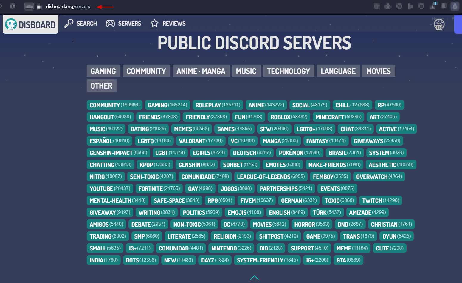 Screenshot of disboard.org with long list of Discord server categories