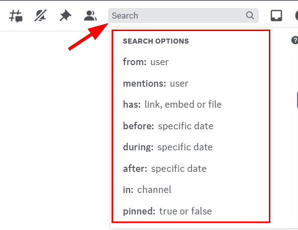 Discord Search Options under the Discord search bar