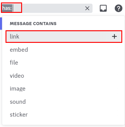 Discord search using the "Has" filter with "Message Contains" options below the search bar