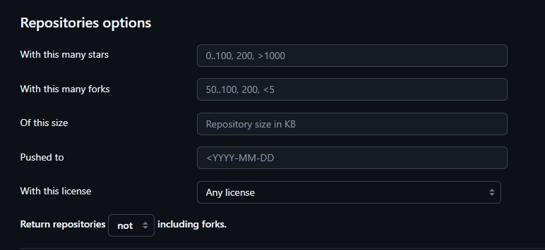 GitHub advanced search page - Repositories options