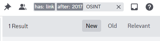 Discord search bar containing "has: link" "after: 2017" and "OSINT"