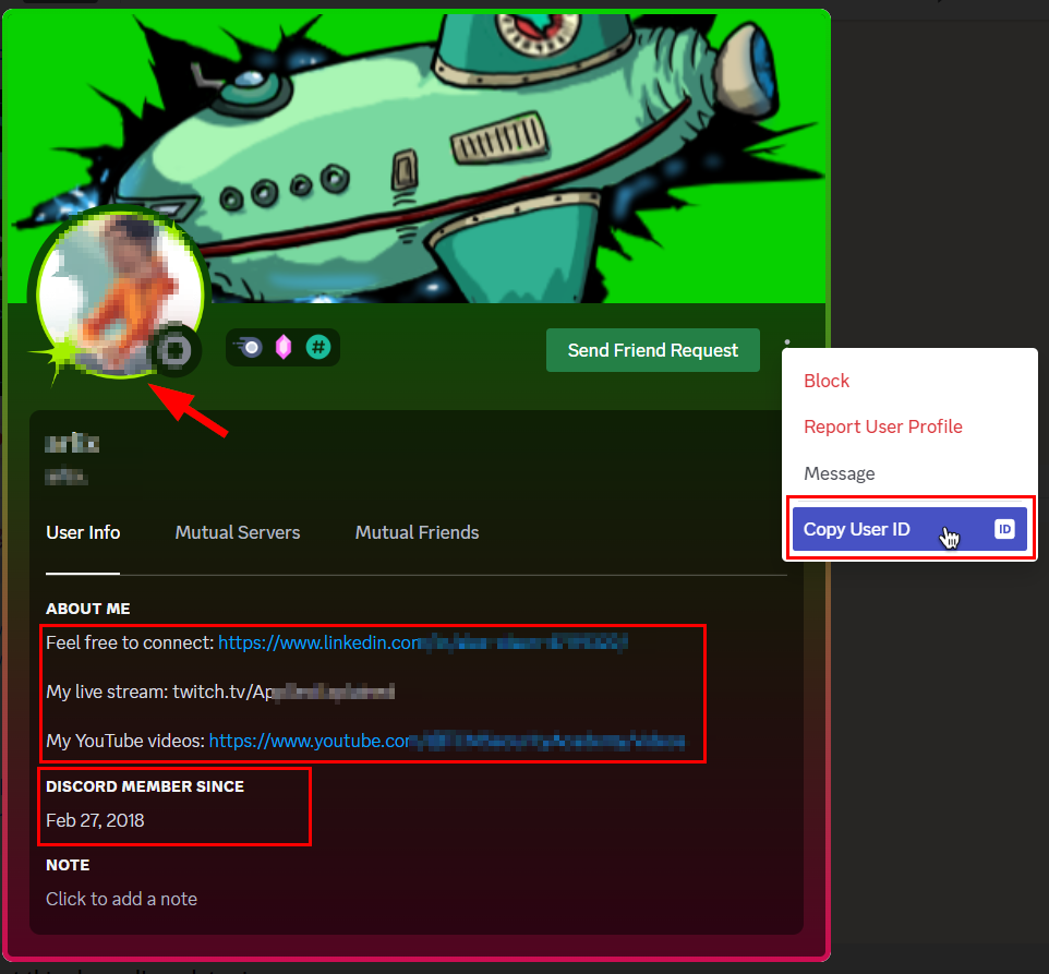 Discord user profile with username menu pop-up with cursor over "Copy User ID"
