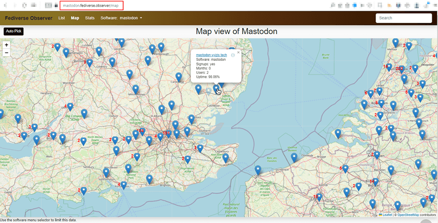 screenshot of Mastodon Live Map on Fediverse