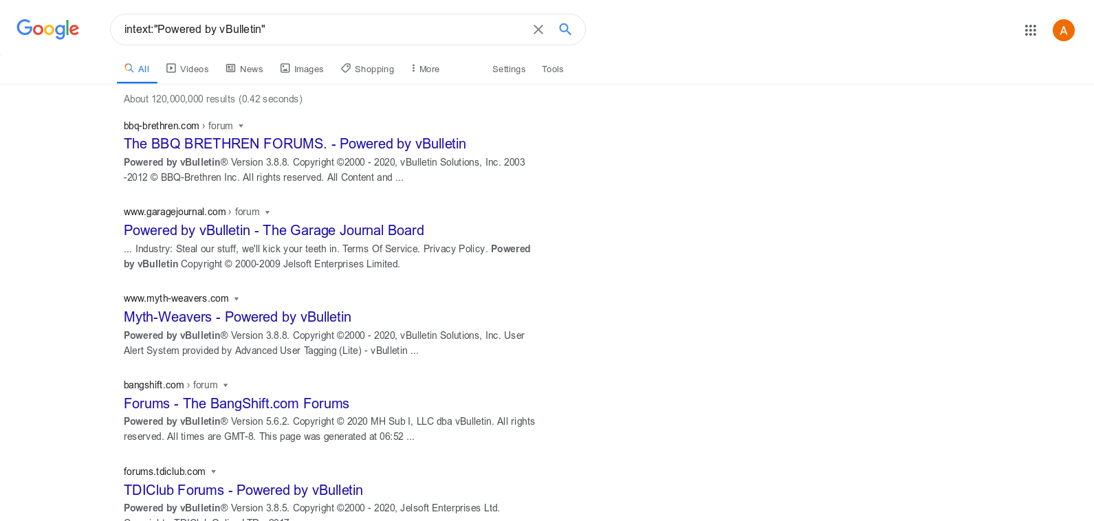 Google dork showing all the websites powered by vBulletin software