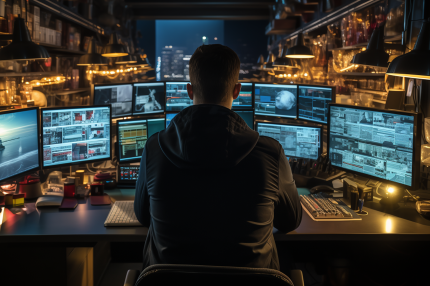 a man sitting at a control station, with multiple computer monitors, participating in osint gathering