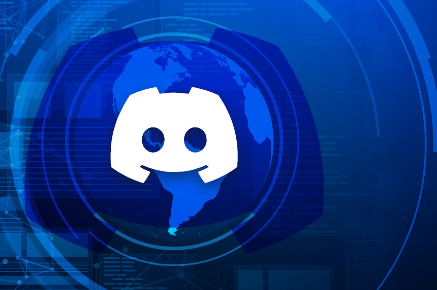 Discord logo in front of blue cyber graphic of the globe