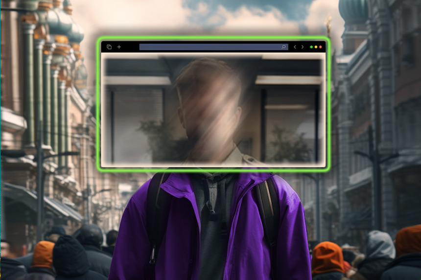 A man stands in a crowd in a Russian street, his face obscured in a computer monitor representing managed attribution