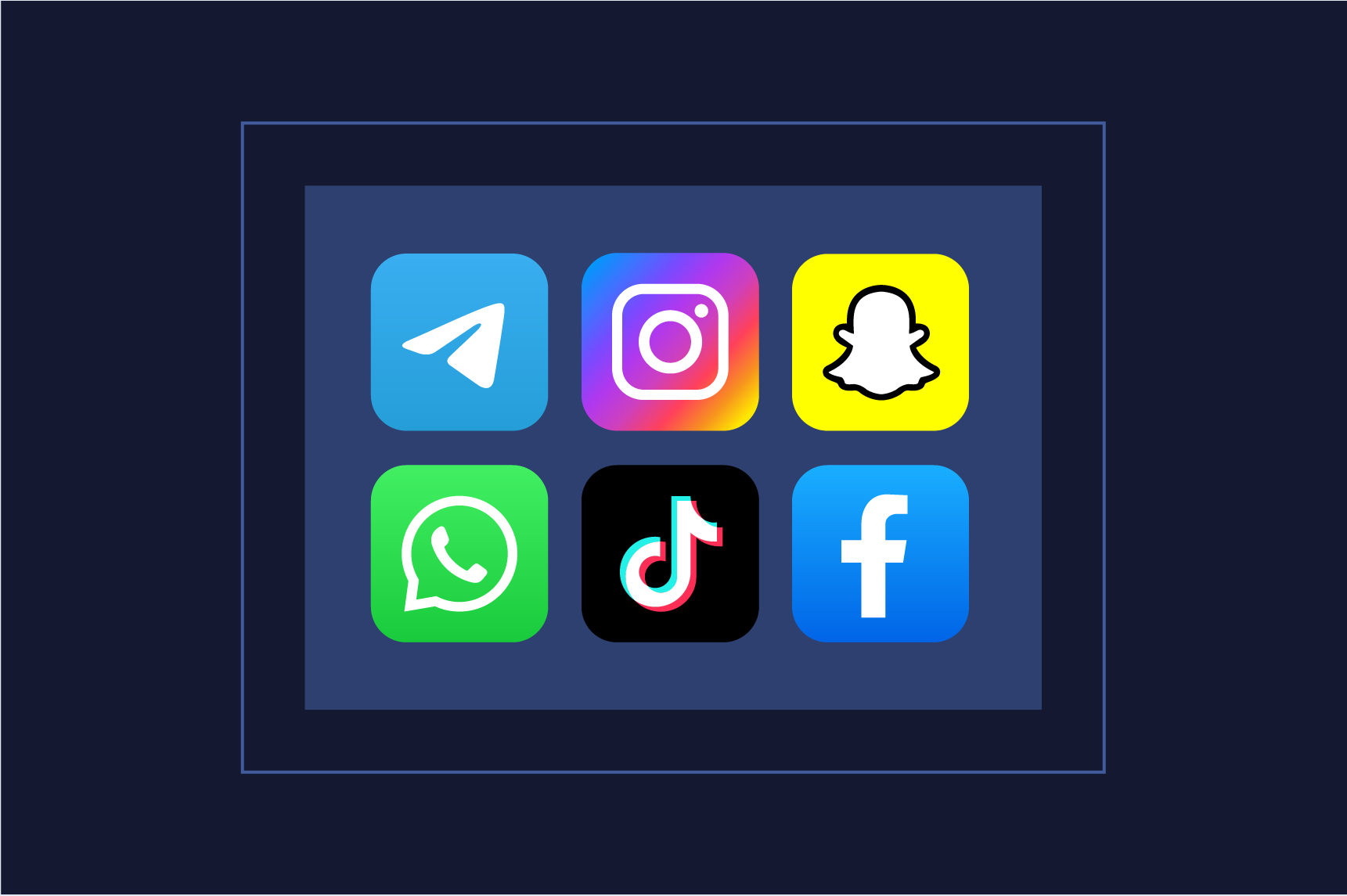 Social media icons sit in the middle of a blue background. Icons for Telegram, Instagram, Snapchat, WhatsApp, TikTok, and Facebook