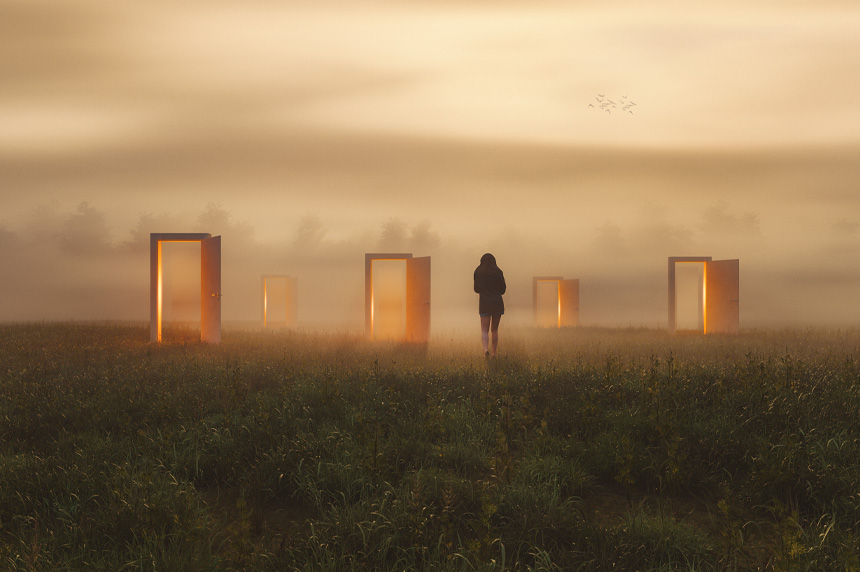 Person in a foggy field with many open doors