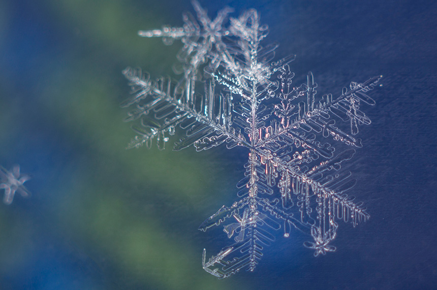 image: a half-broken snowflake floating on a blue and green background