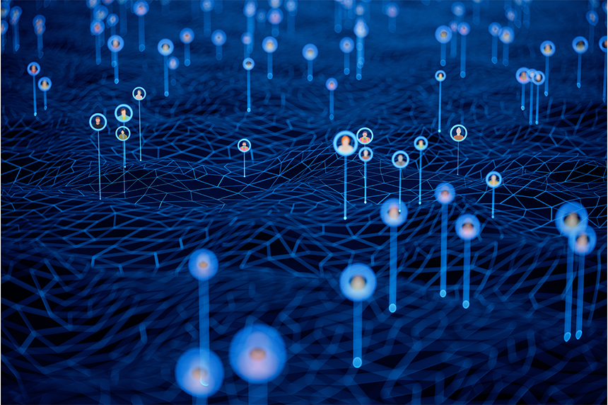 technological pinpoints across a network showing people's identities