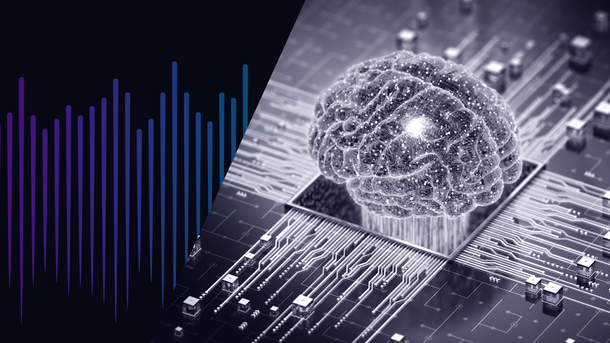 Image: A human brain plugged into a microchip to reference machine learning with NeedleStack logo in corner