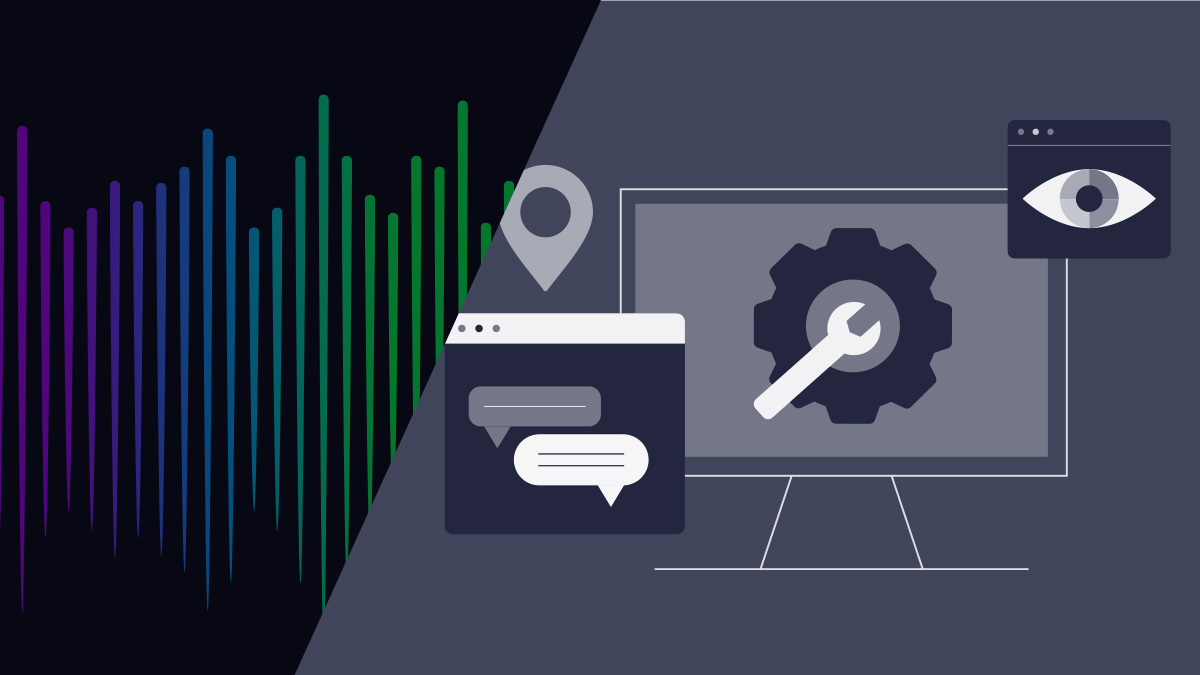 A wrench sits in a browser, a bubble box is in one corner, an eye in another and a location pin in the third. The NeedleStack waveform logo covers half the screen.