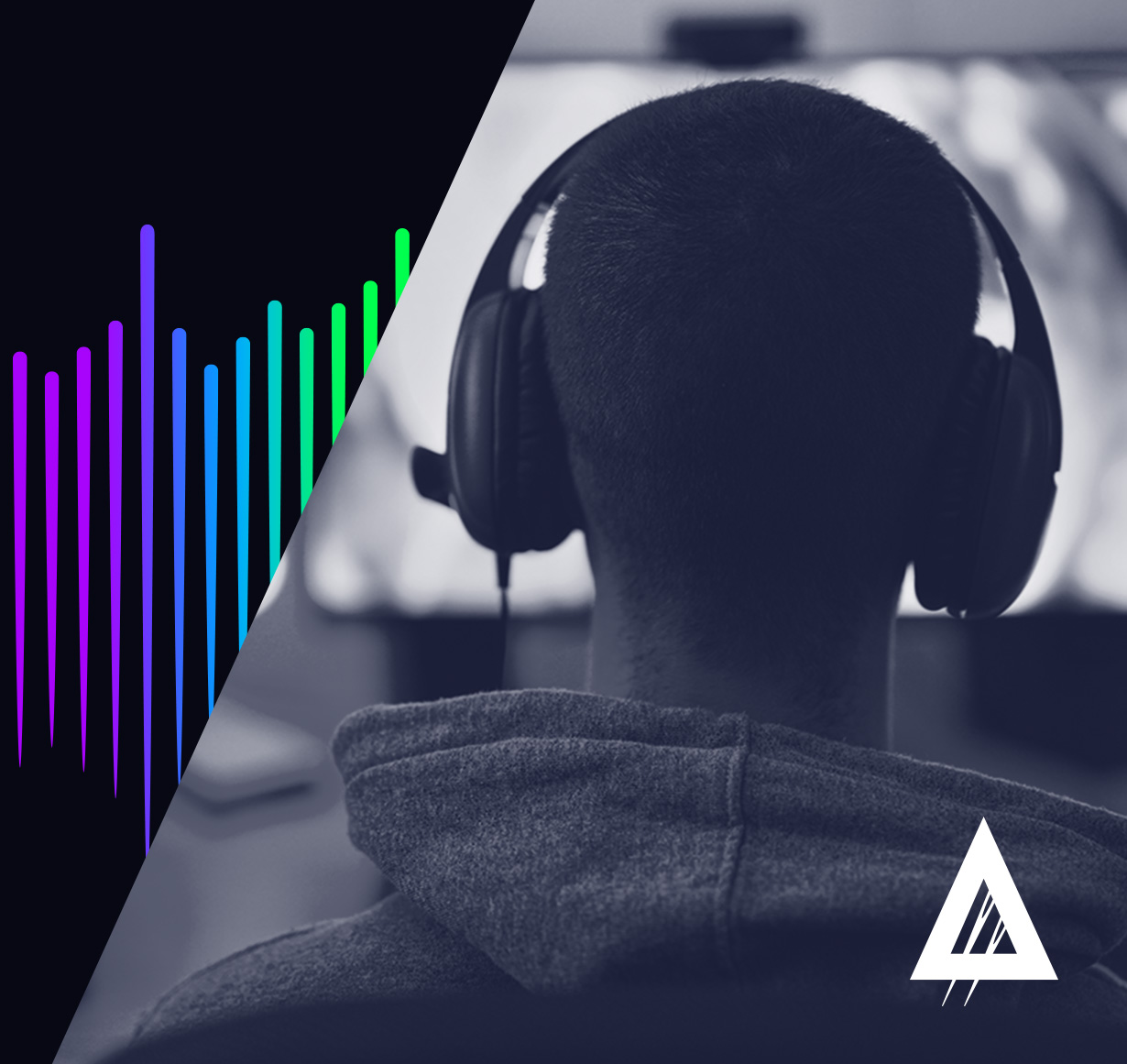 Person wearing headphones facing a computer screen, with a graphic of colorful sound waves and the NeedleStack on the right.