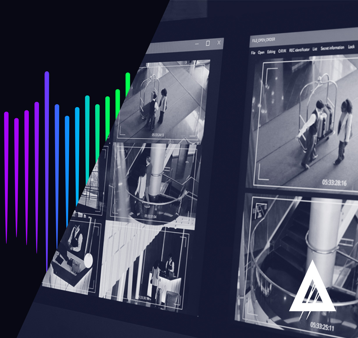 screens displaying surveillance camera footage