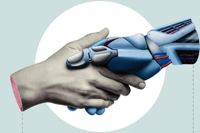 Human and robotic hand shaking to represent ChatGPT and OSINT analyst working together