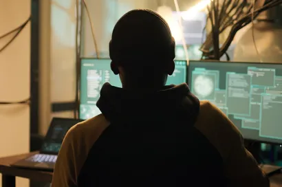silhouetted man in cap sitting at computer