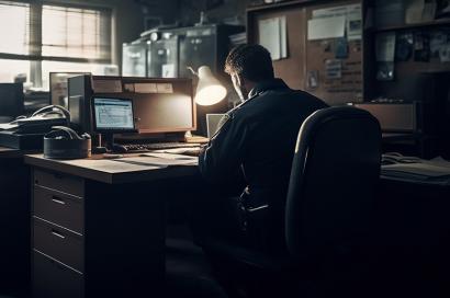 Investigative man sitting at his desk in a dark room with one desk lamp looking over files