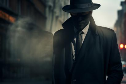 Masked man in trench coat and hat walking out of a mysterious fog