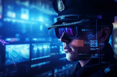 Police officer with sunglasses staring at technological screens