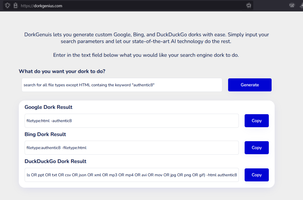 FIG 2 | dorkgenius utilizes AI to create custom search queries for major search engines