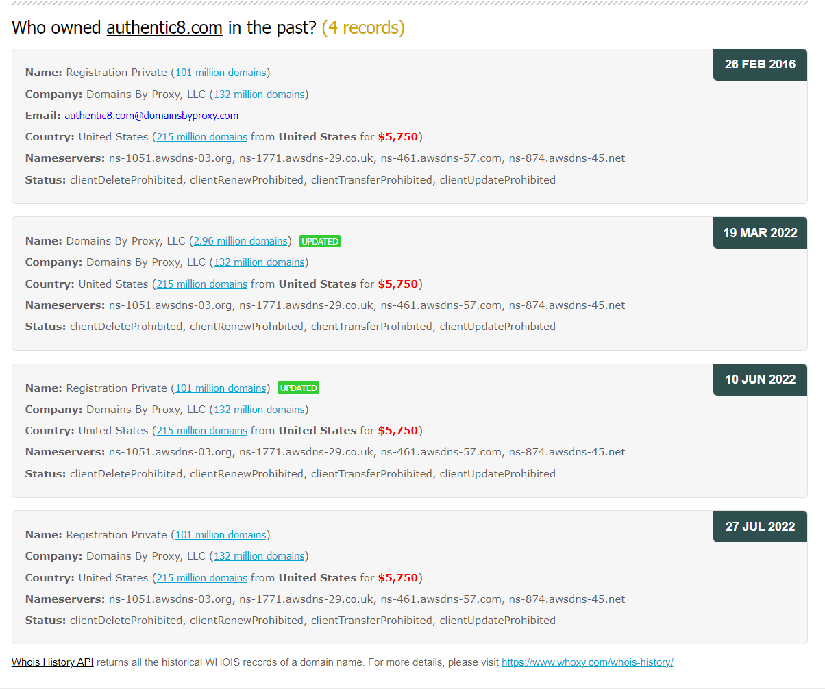 A screenshot of using whoxy.com to reveal domain name history
