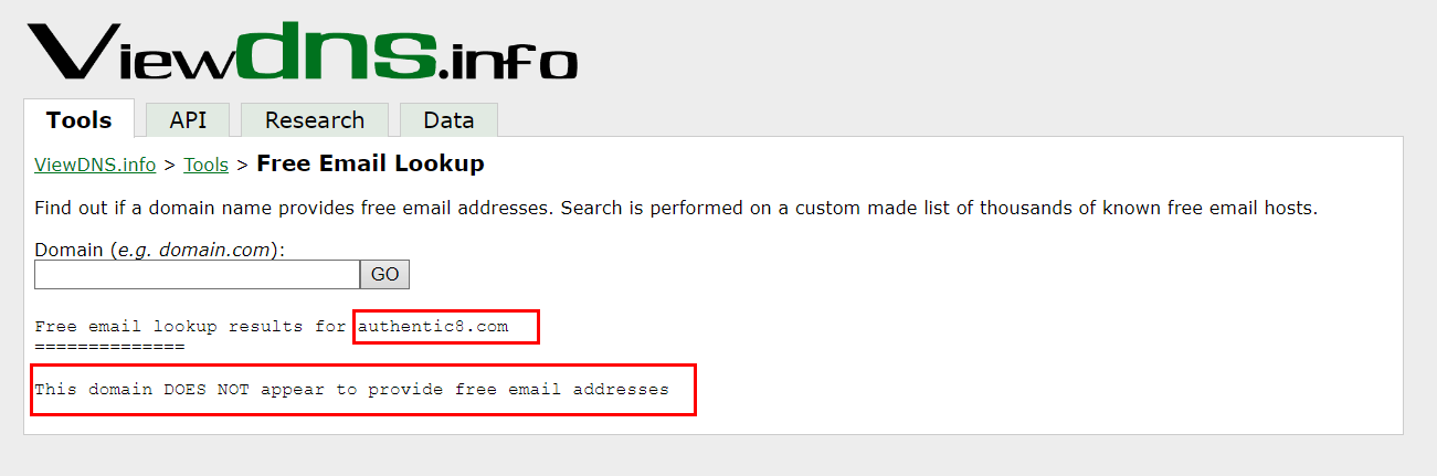 Figure 4 - Check if a domain name provides free email service for users