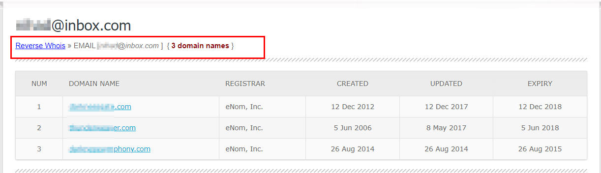 Figure 5 - Find all connected domain names to a particular email address