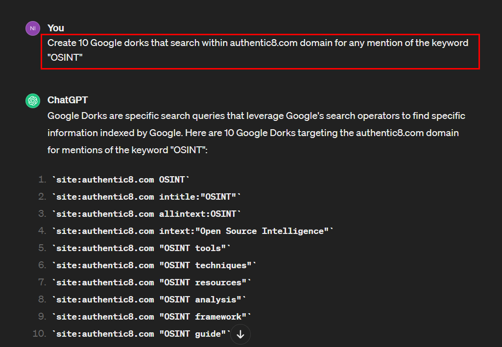 Using ChatGPT to generate Google Dorks